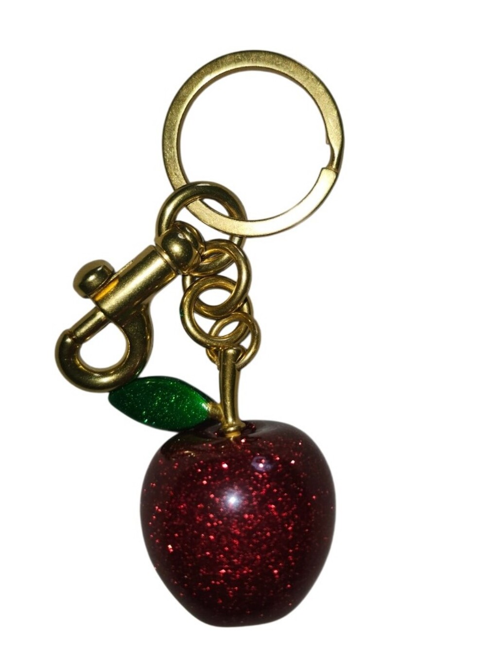Gold-Tone Apple Keychain with Red Glitter Apple and Green Leaf New